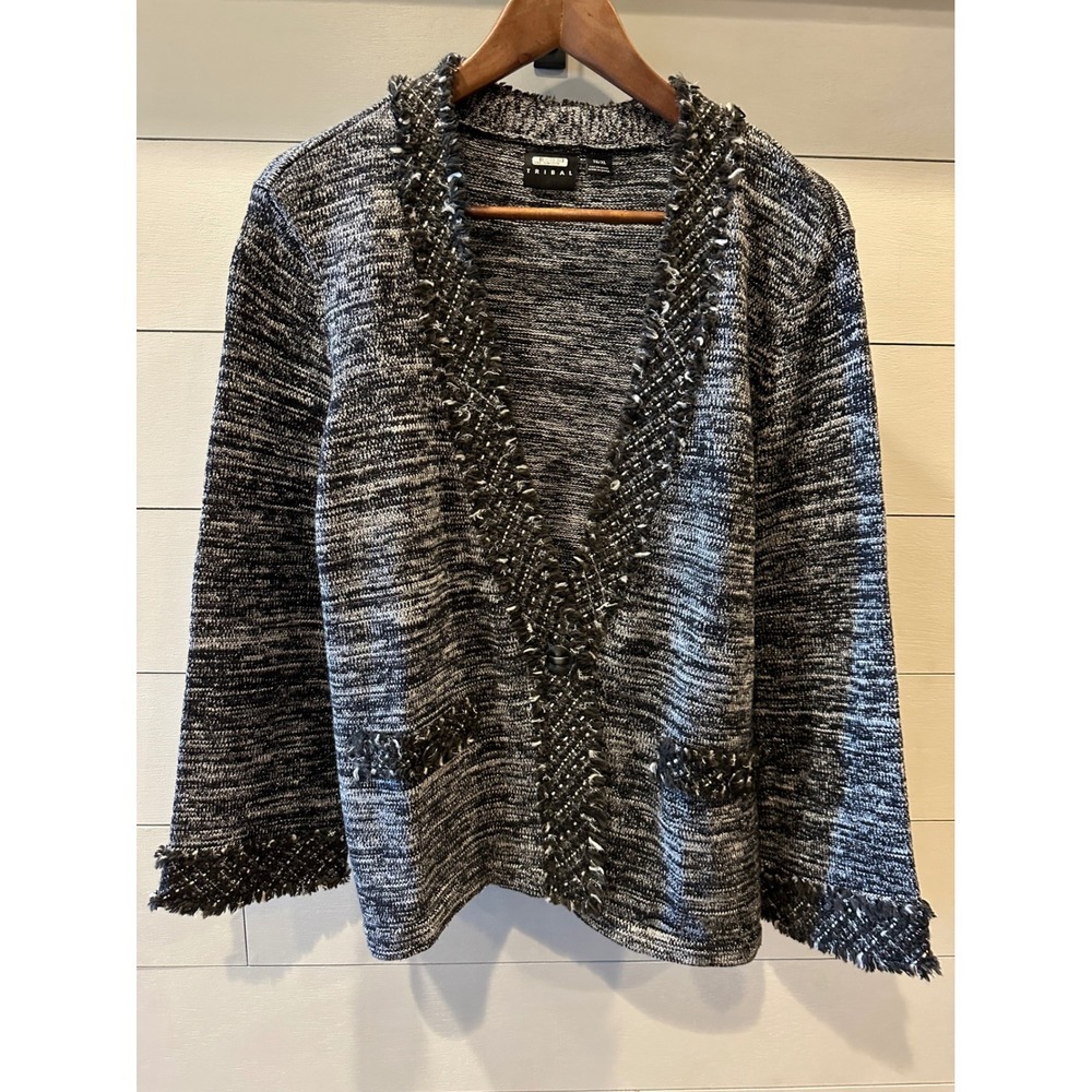 Tribal Womens Black White Tweed Fringe Trim Cardigan Sweater XL 7166O-742